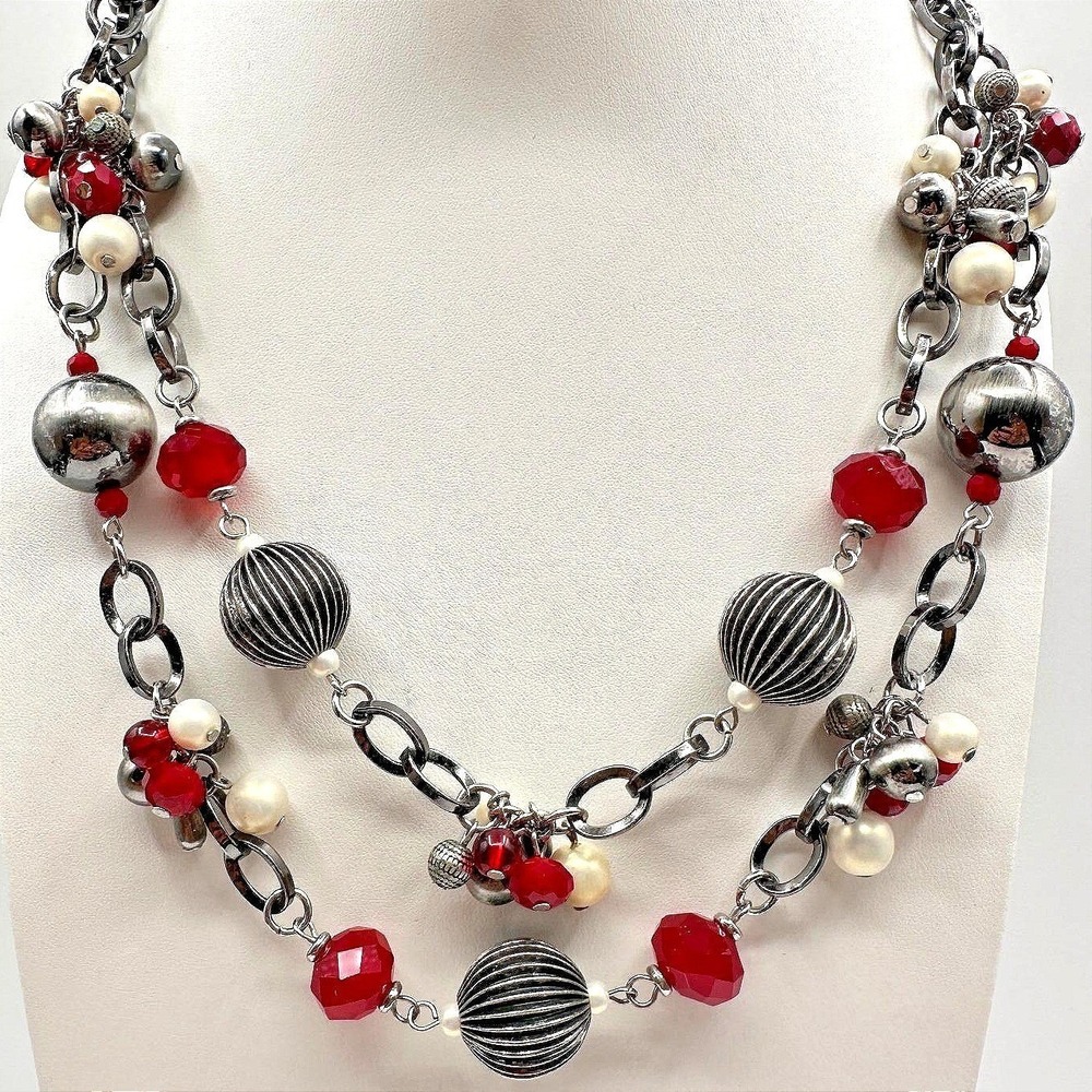 Vintage 90s Multi Stand Chunky Necklace Red Crystal White Pearl Silver Tone Y2K